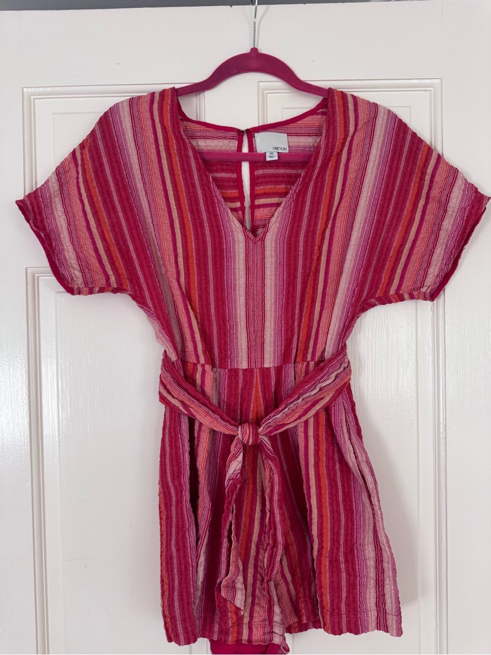 Greylin Pink and Red Striped V-Neck Tunic